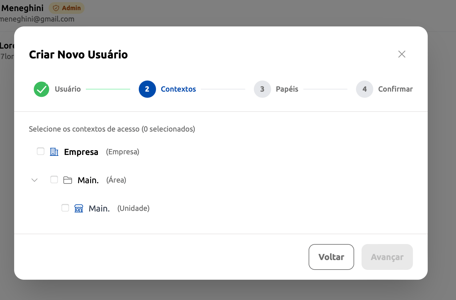 Wizard etapa 2 — Contextos