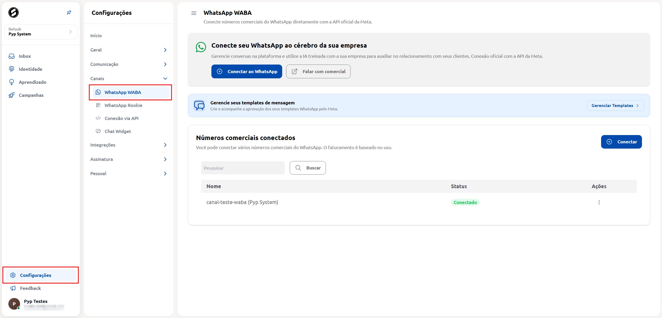 Tela de Configurações > Canais com a opção WhatsApp Business (WABA)