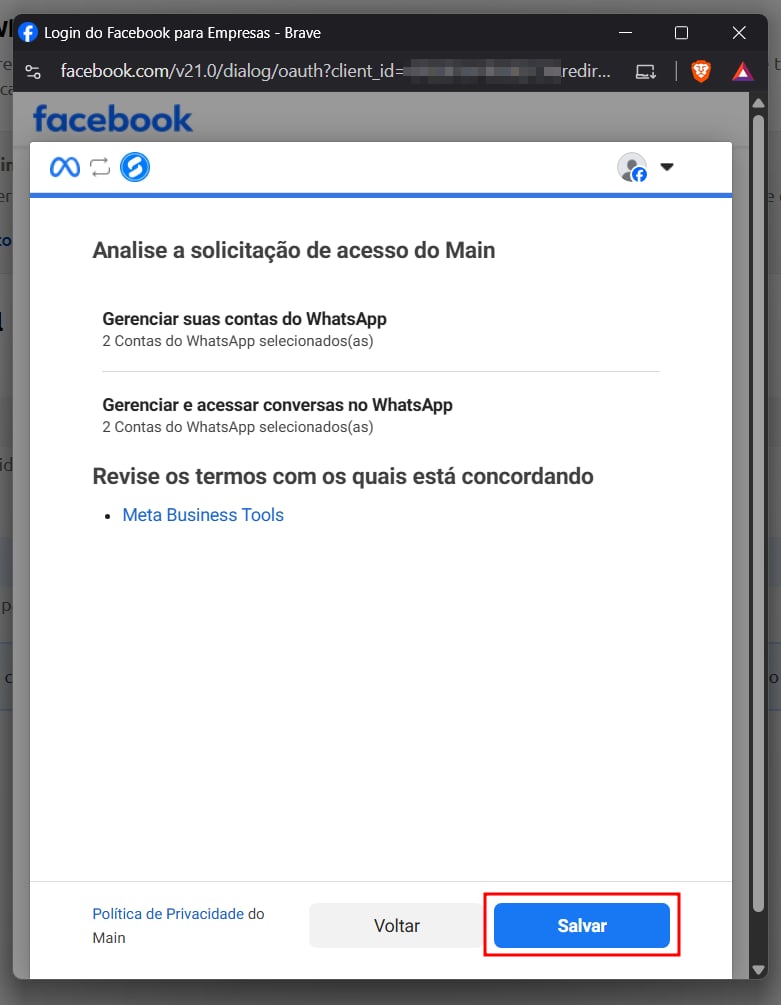 Embedded Signup da Meta. etapa 3