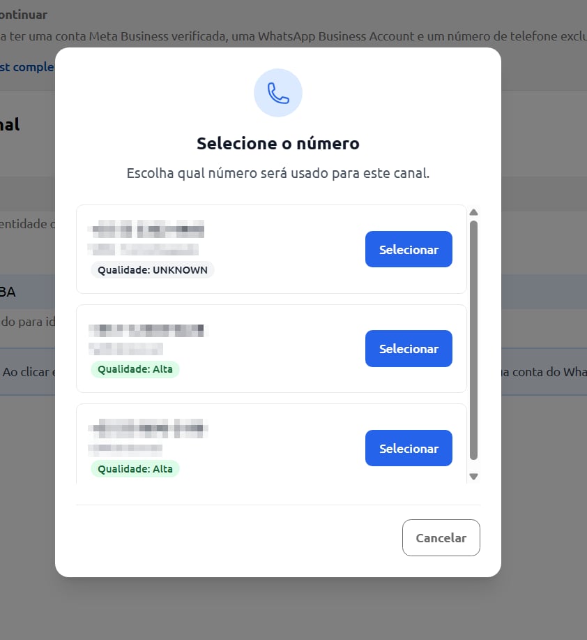 Embedded Signup da Meta. seleção do número