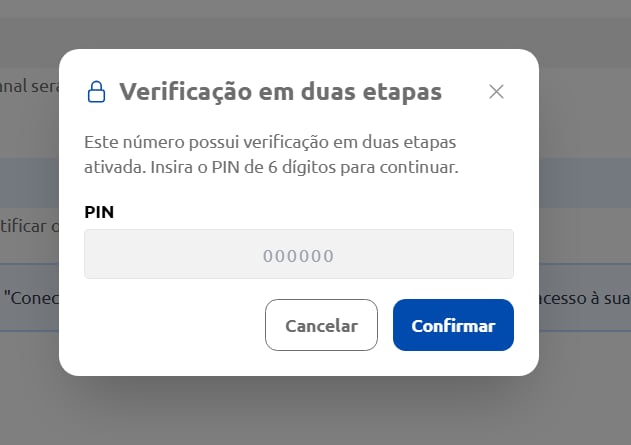 Tela de configuração do PIN de verificação em duas etapas