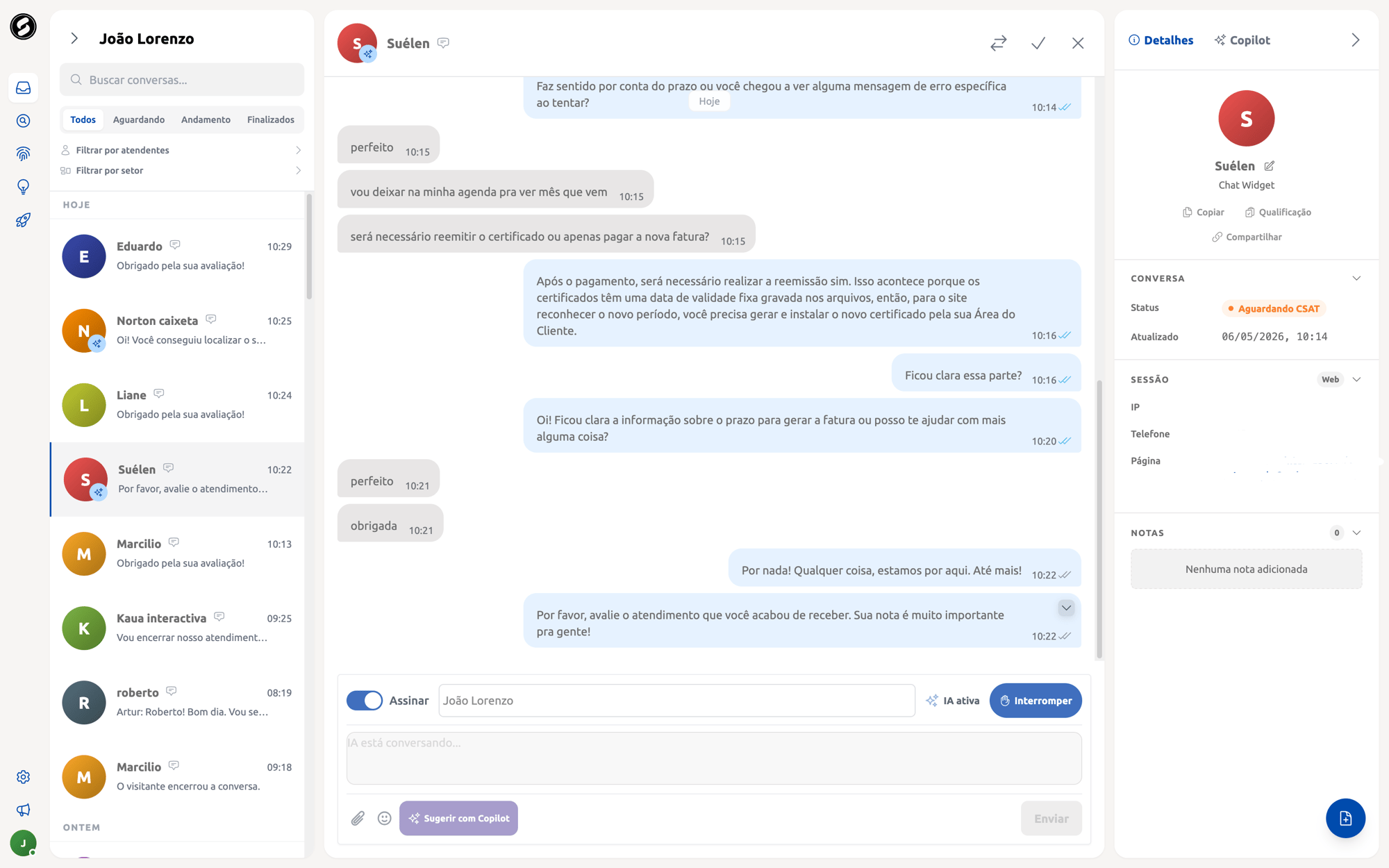 Inbox do Talk AI com conversa aberta e painel de detalhes