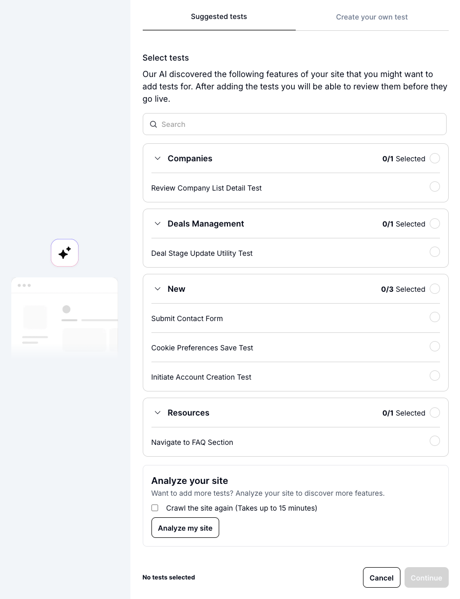 Suggested tests modal