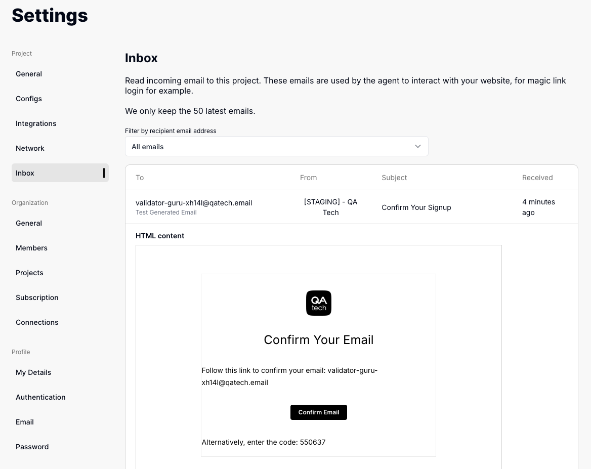 Email Inbox Settings