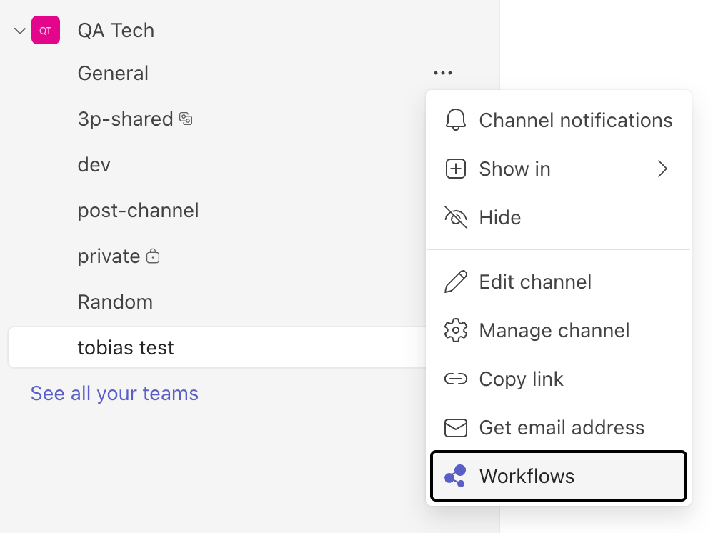 Microsoft Teams channel menu showing the Workflows option