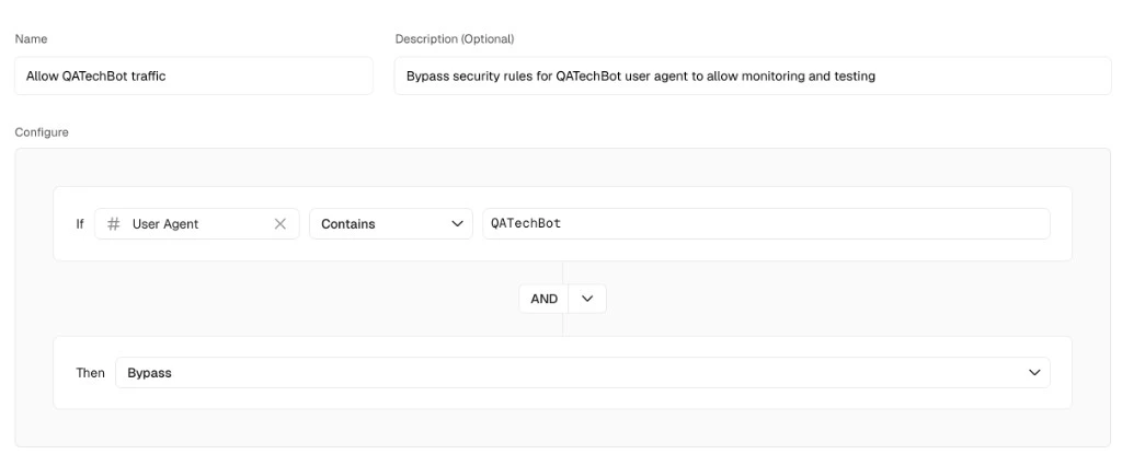 Vercel Firewall custom rule: User Agent contains QATechBot, action Bypass