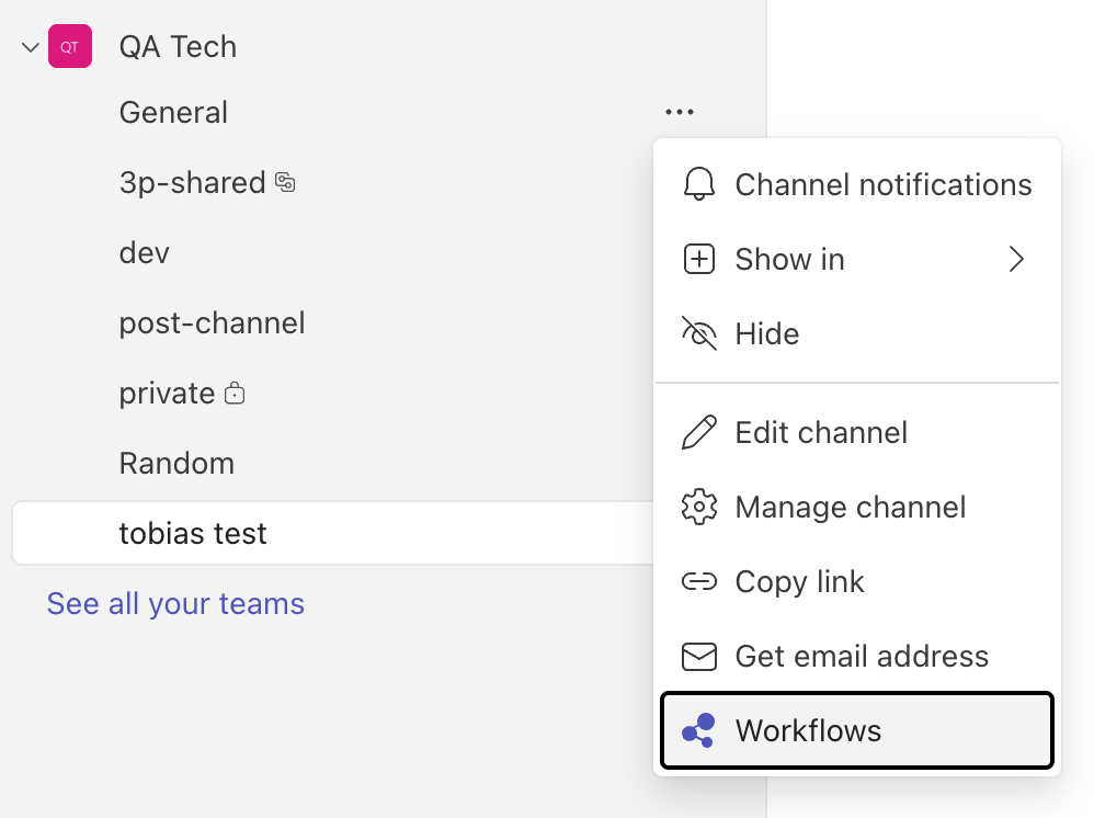 Microsoft Teams channel menu showing the Workflows option