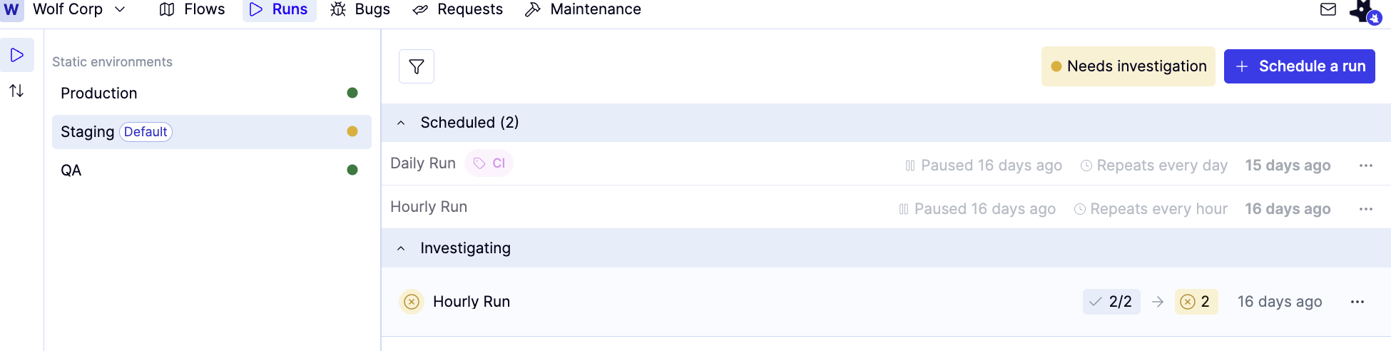 The Runs tab with an environment selected and the Schedule a run button