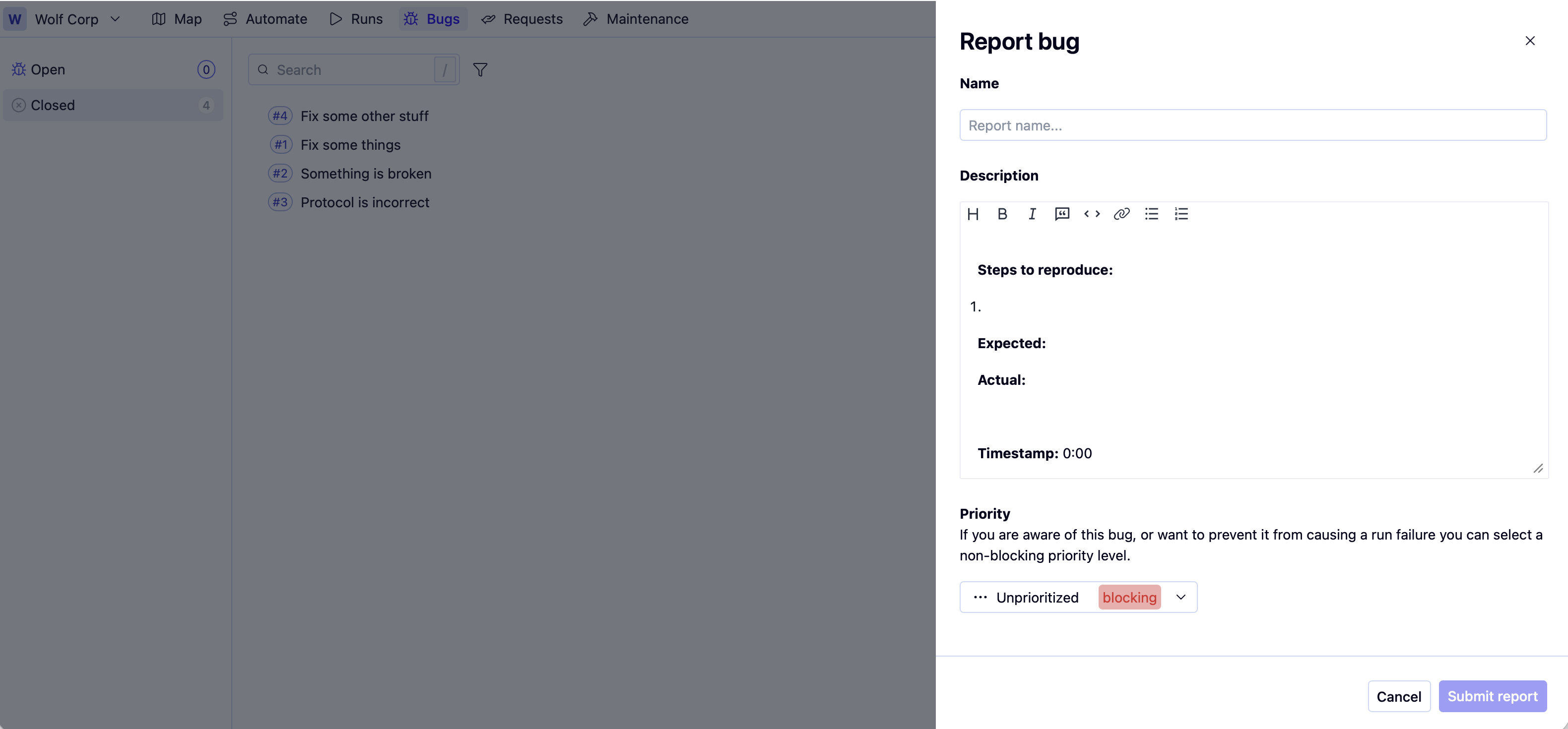 Bug Report Drawer