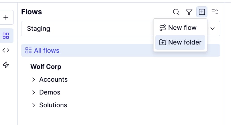 The New flow and New folder menu in the flows list toolbar