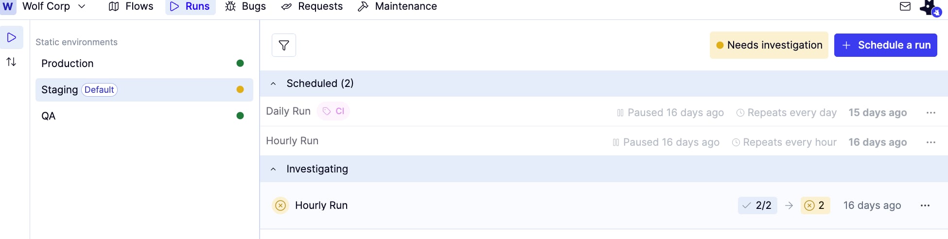 The Runs tab with an environment selected and the Schedule a run button