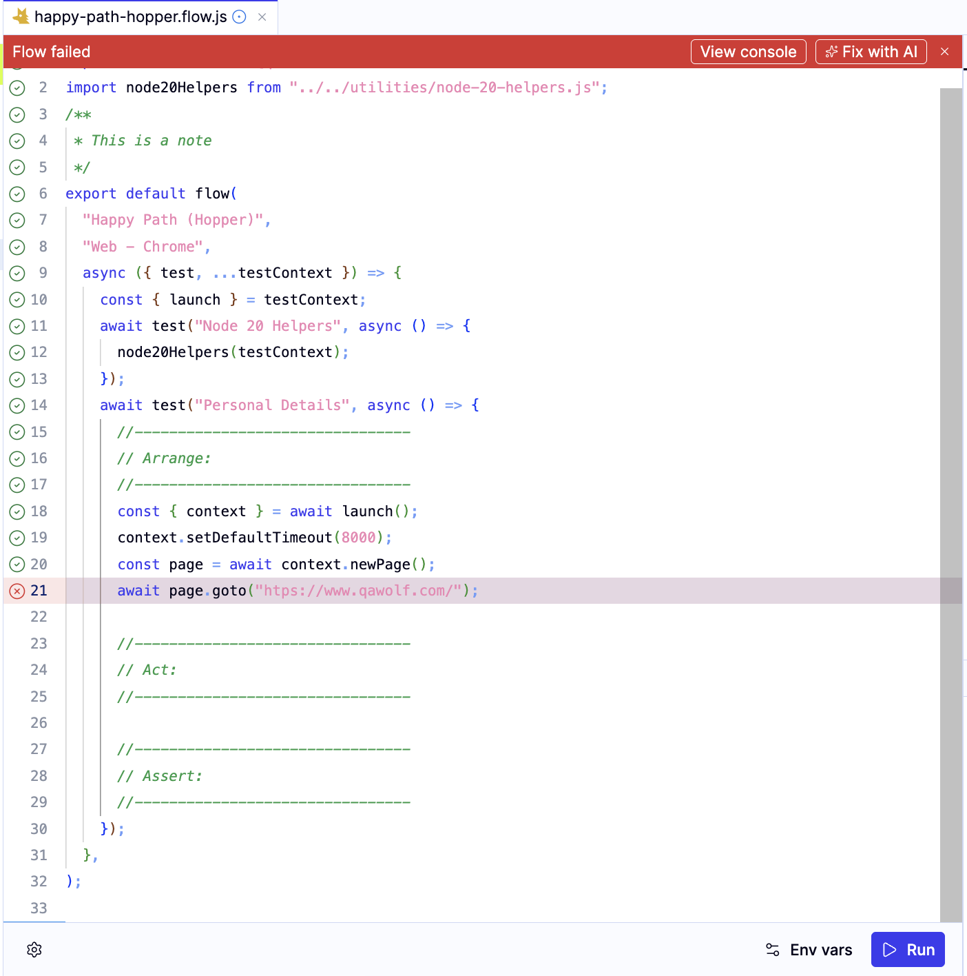 A failed flow in the IDE