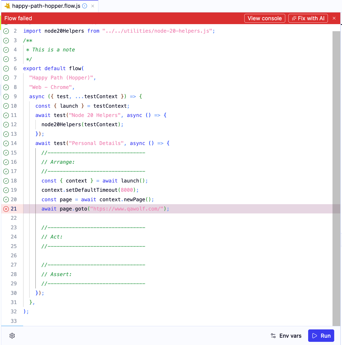 A failed flow in the IDE