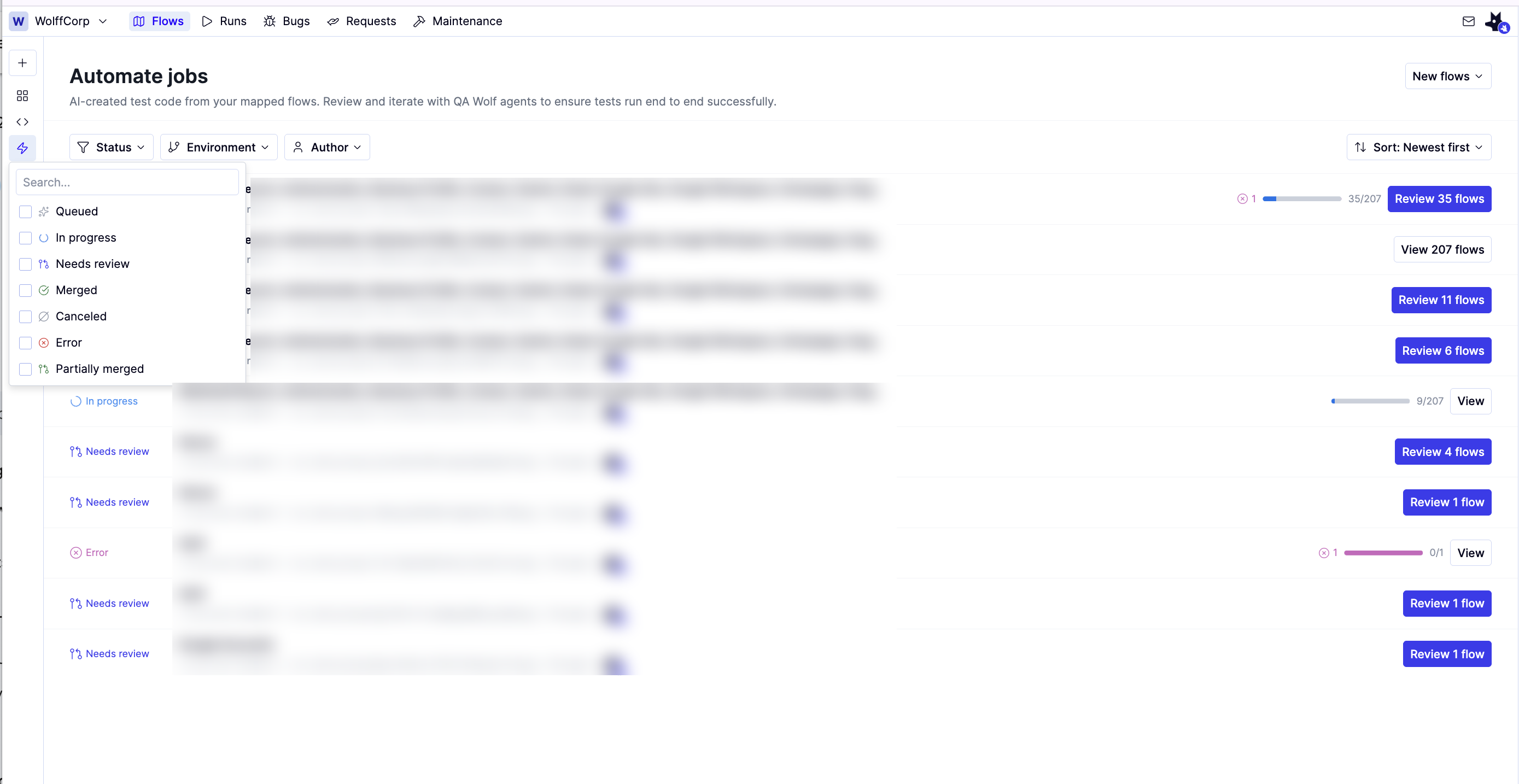 The Status filter open on the Automate jobs list