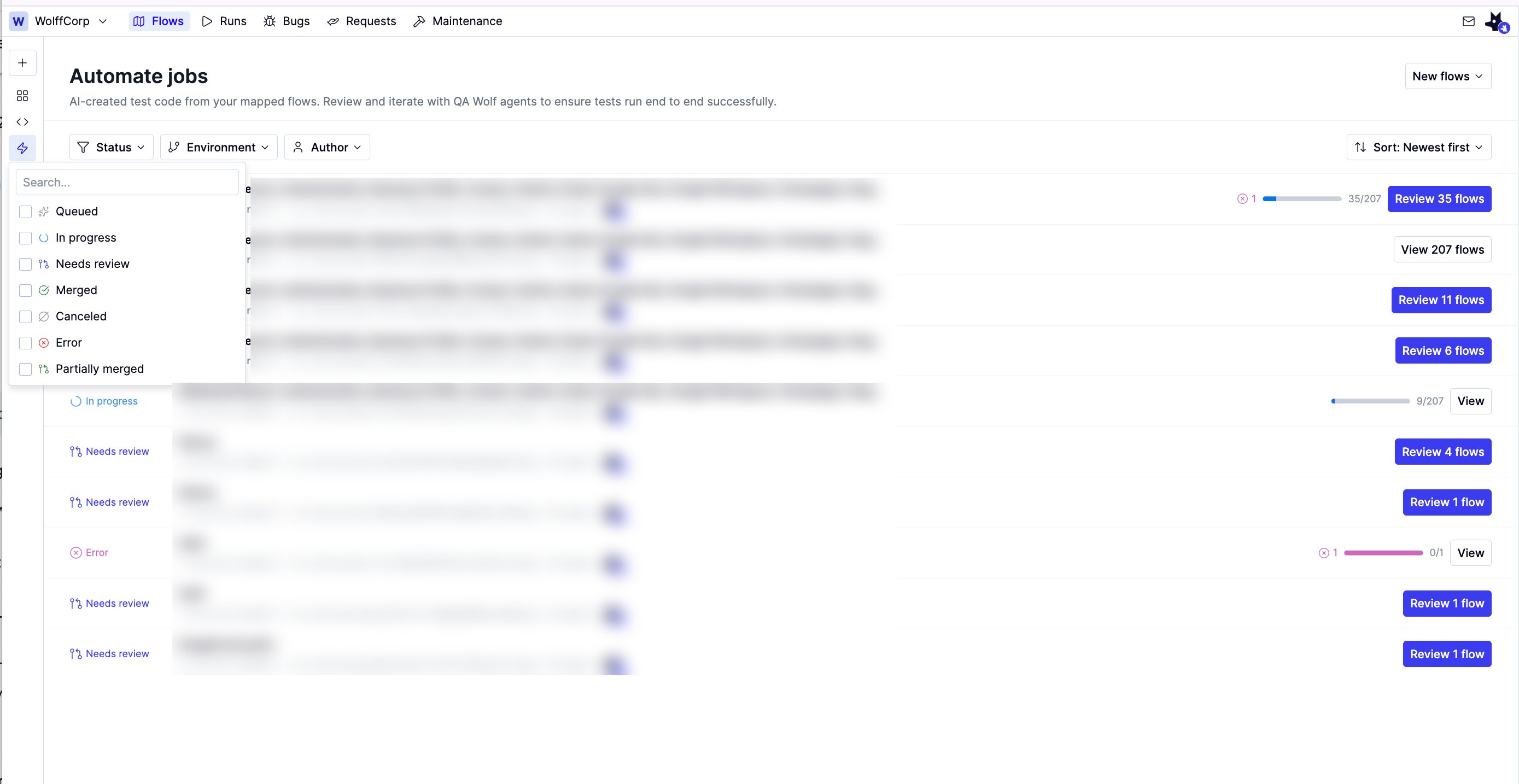 The Status filter open on the Automate jobs list