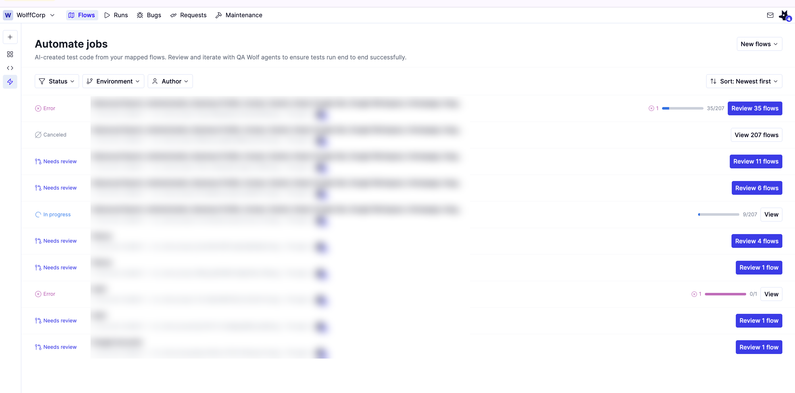 The Automate jobs list