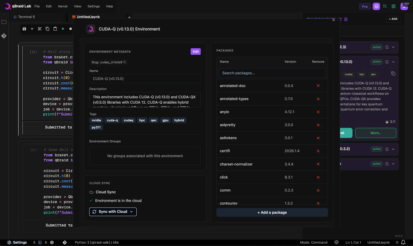 Environment editor showing metadata, packages, and cloud sync