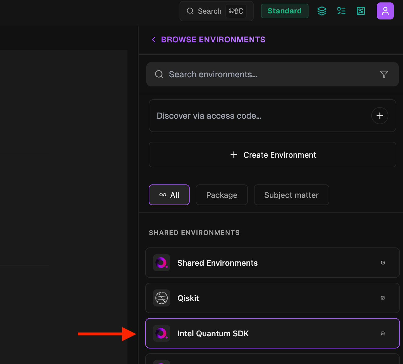 Selecting the Intel Quantum SDK environment group in the environment browser