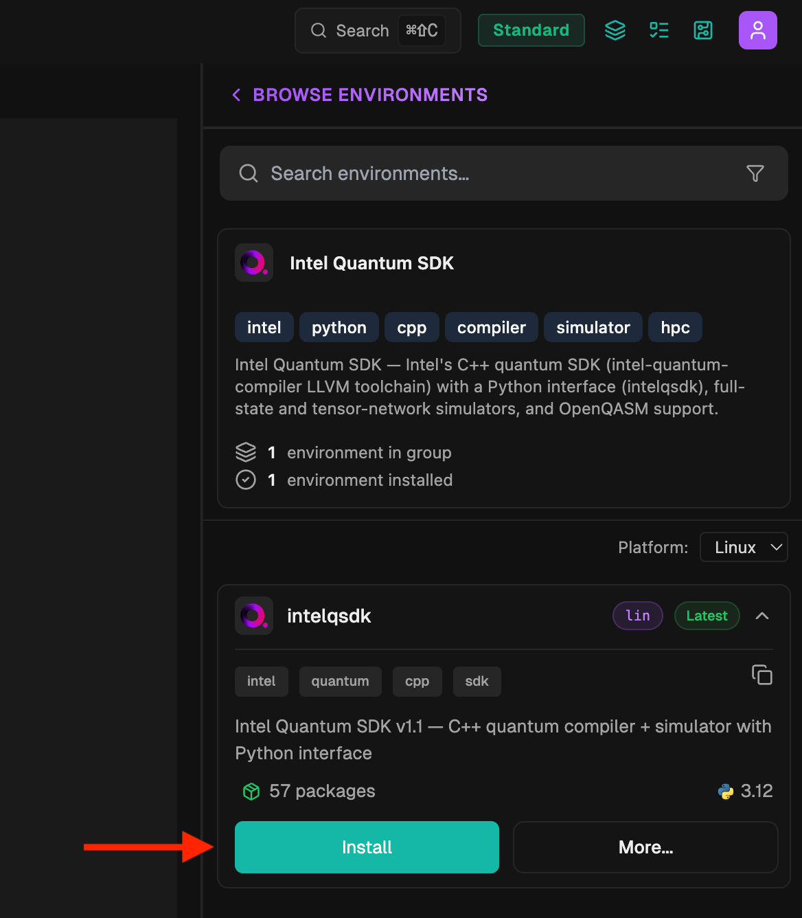 The intelqsdk environment panel with the Install button