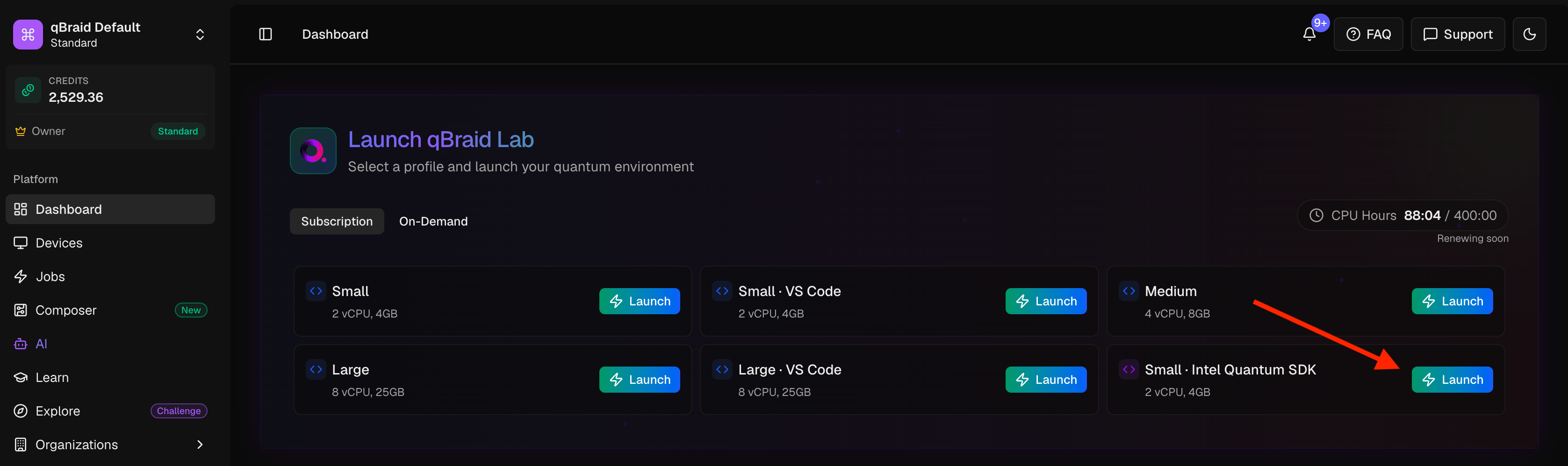 Launching the Small · Intel Quantum SDK profile from the qBraid dashboard