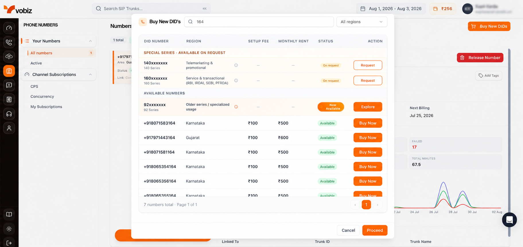 Vobiz console: buy a Voice-capable DID