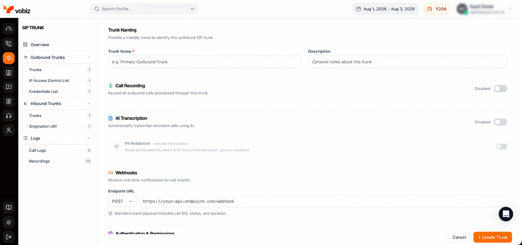 Vobiz console: create SIP trunk and the generated SIP domain