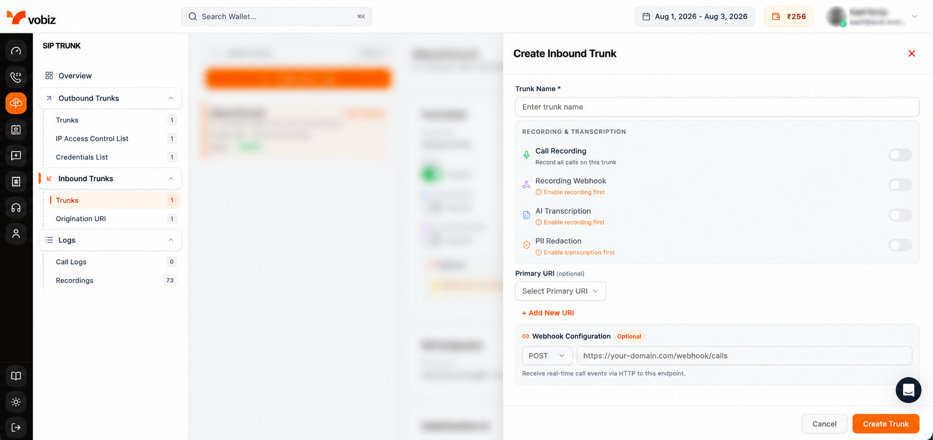 Vobiz console: inbound destination / origination URI set to the QCall SIP URI