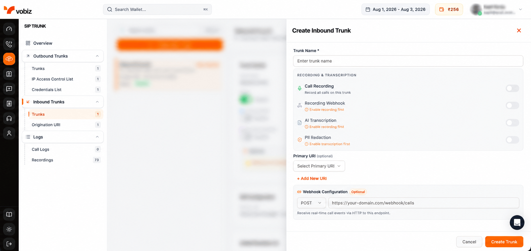 Vobiz console: inbound destination / origination URI set to the QCall SIP URI