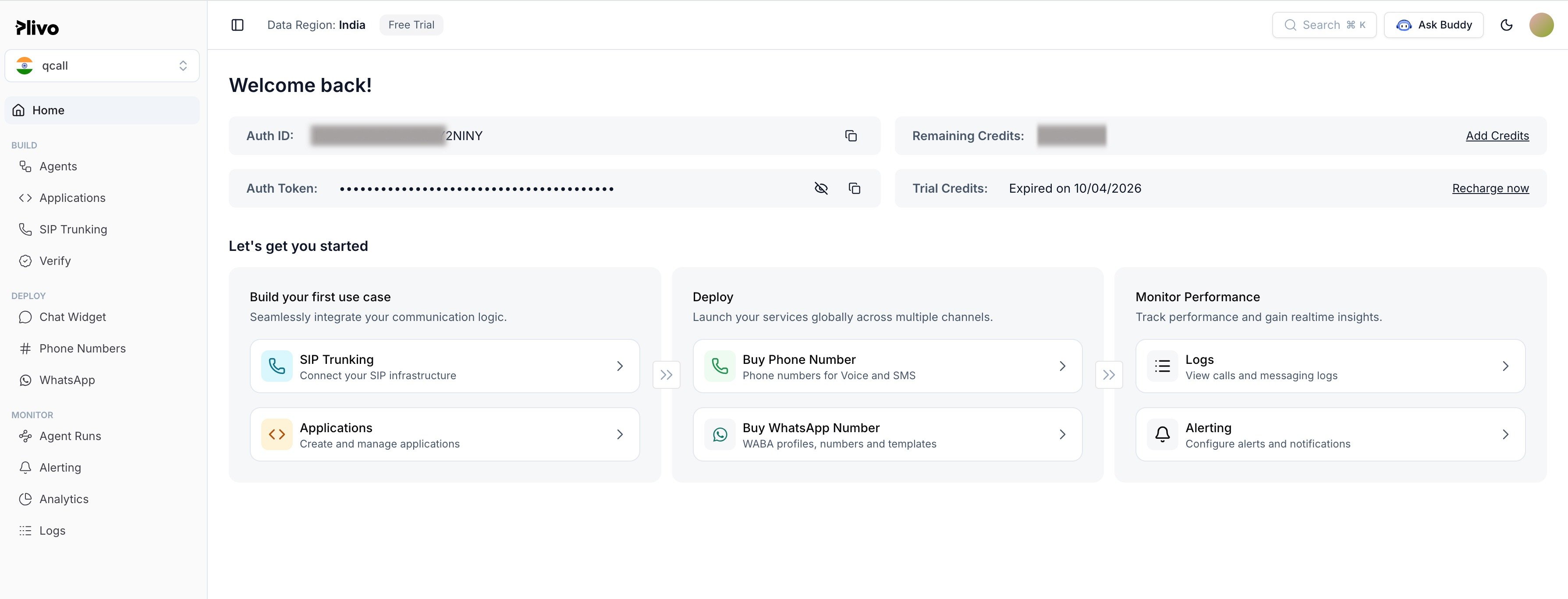 Plivo console home with SIP Trunking in the sidebar