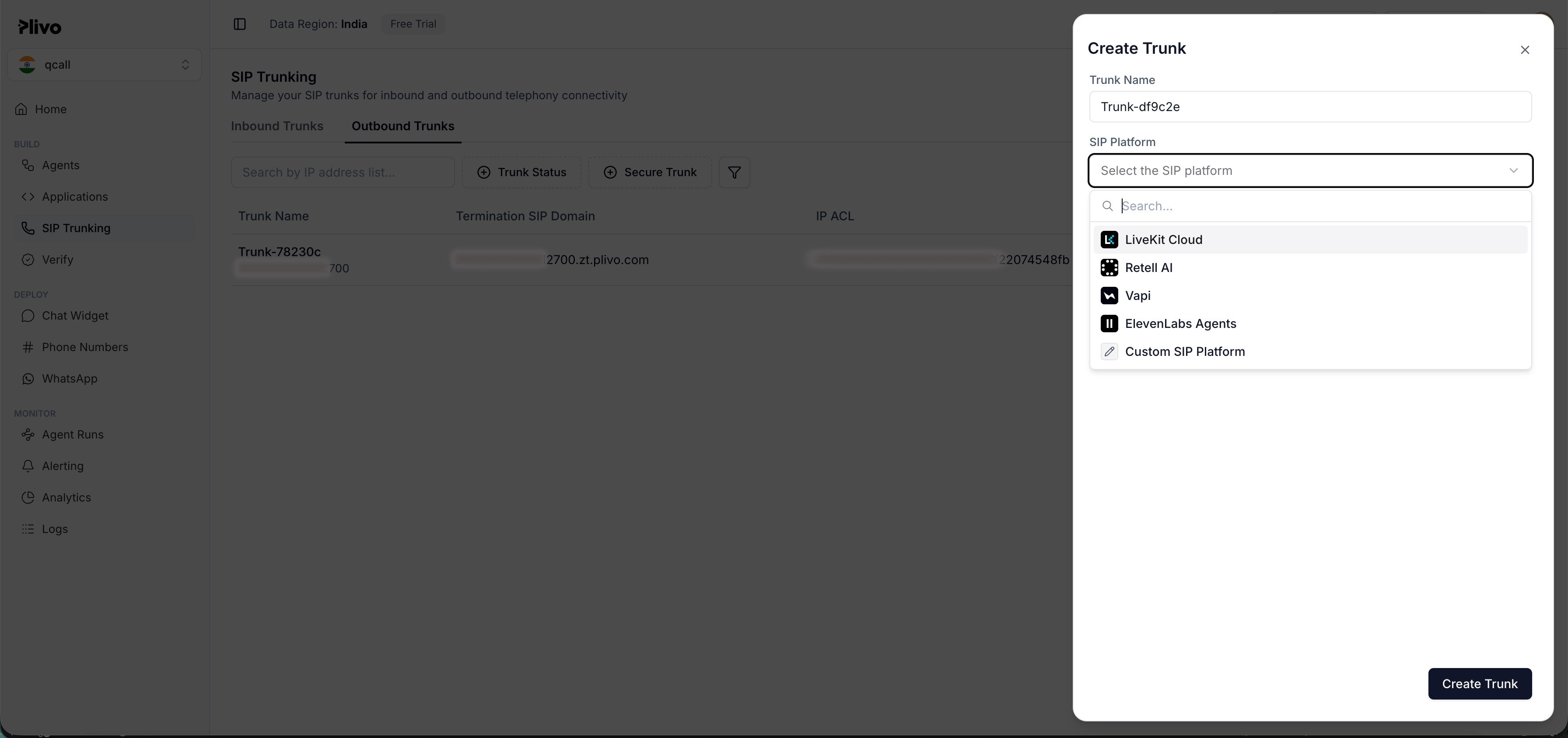 Plivo console: Outbound Trunk with authentication options and termination SIP domain