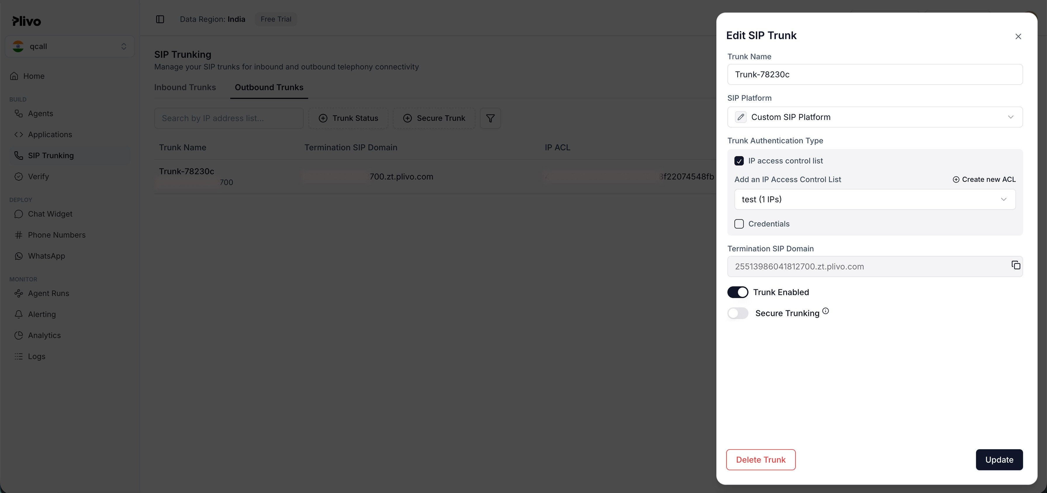 Plivo console: Outbound Trunk termination SIP domain (.zt.plivo.com)
