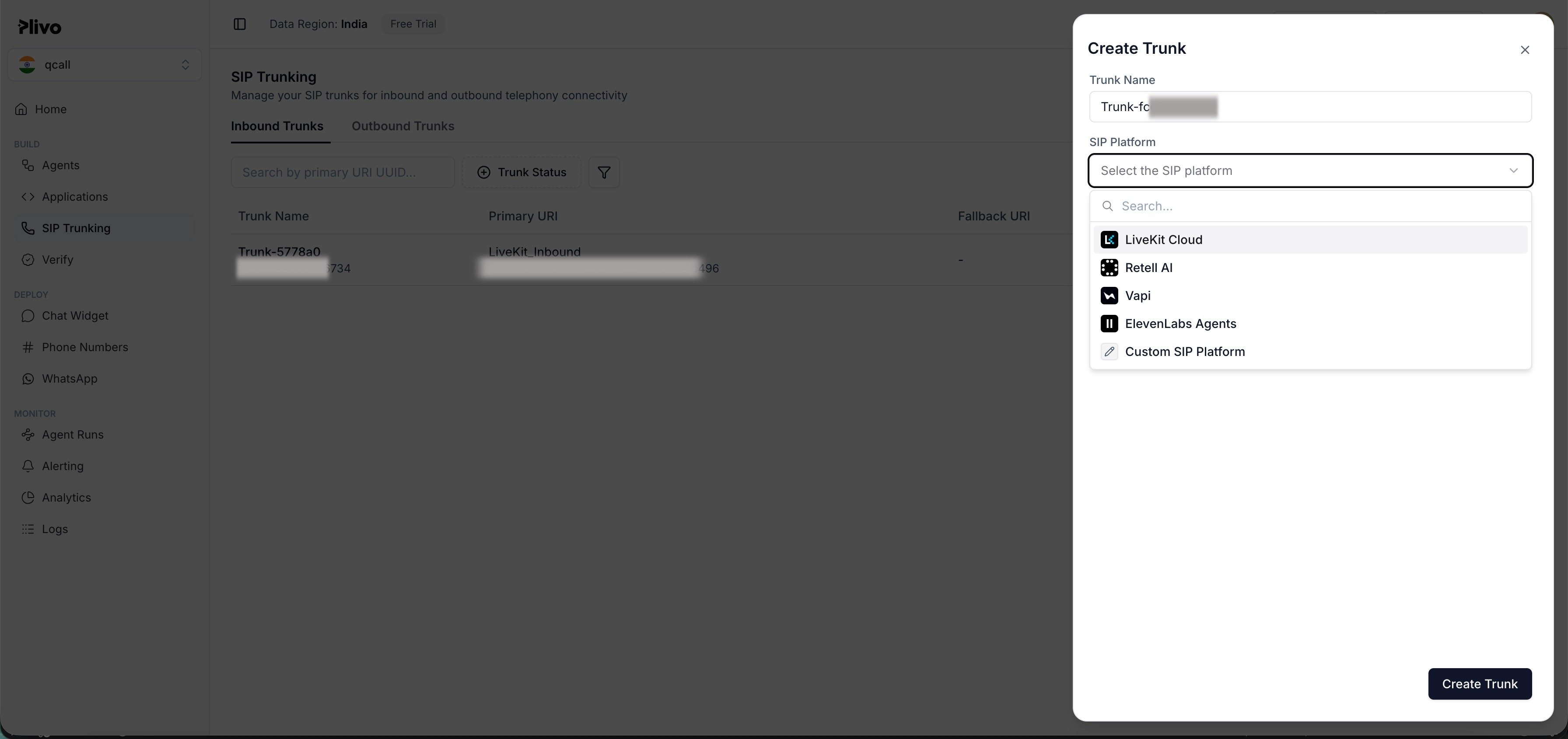 Plivo console: Create Inbound Trunk (name and SIP platform)