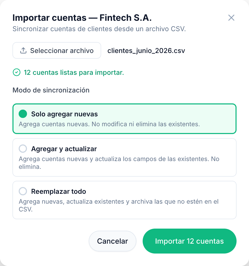 Modal Importar cuentas: archivo CSV seleccionado, conteo de cuentas listas, y los modos Solo agregar nuevas, Agregar y actualizar, y Reemplazar todo.