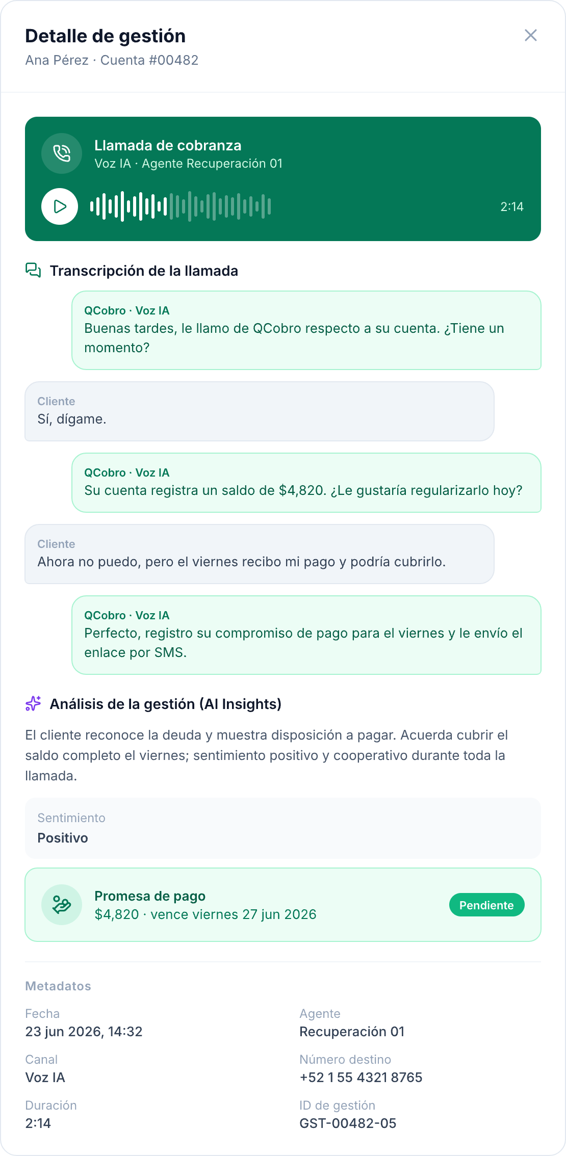 Detalle de una gestión de voz: la transcripción de la llamada, la sección Análisis de la gestión (AI Insights) con el sentimiento, y la promesa de pago.