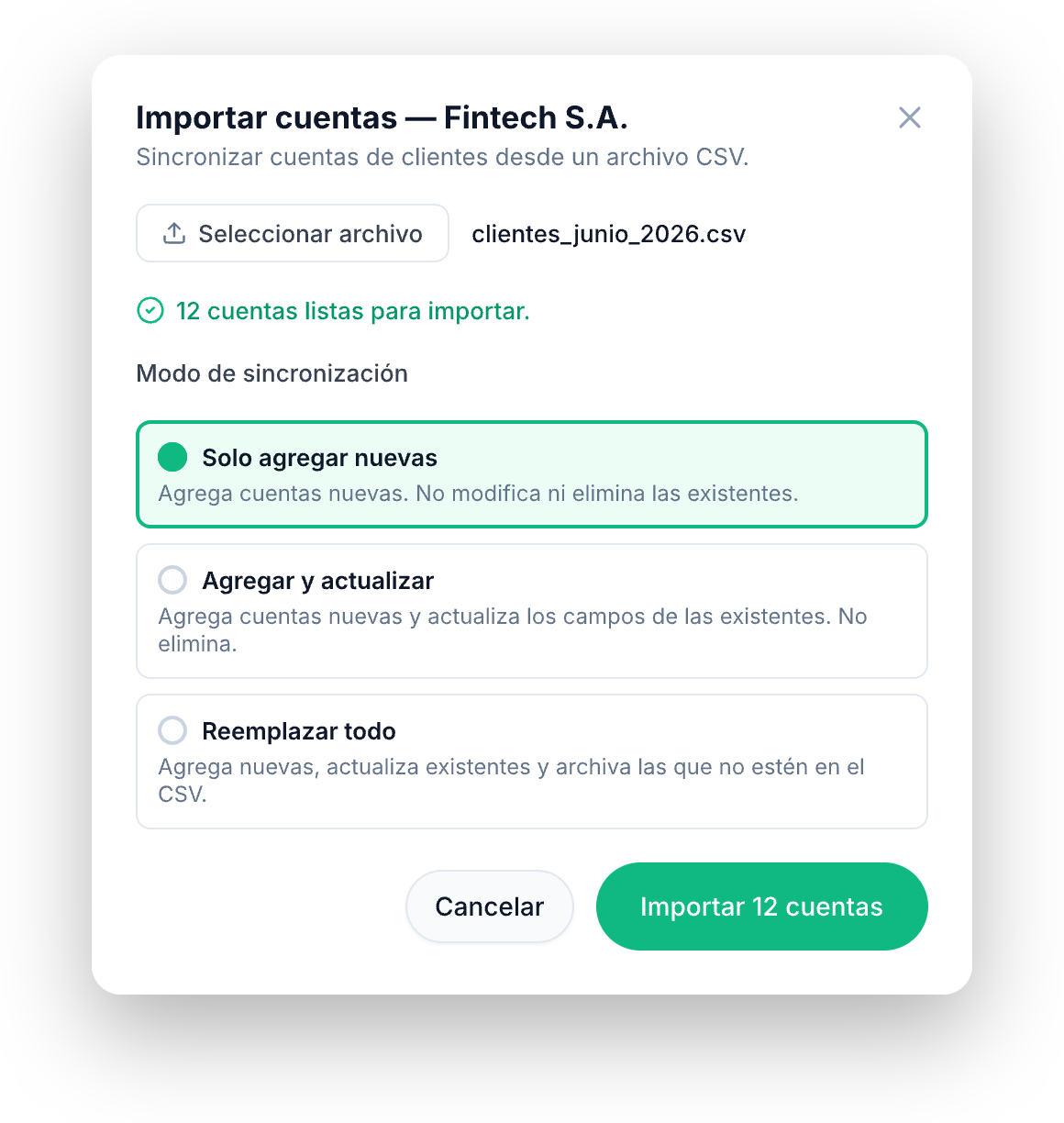Modal Importar cuentas: archivo CSV seleccionado, conteo de cuentas listas, y los modos Solo agregar nuevas, Agregar y actualizar, y Reemplazar todo.