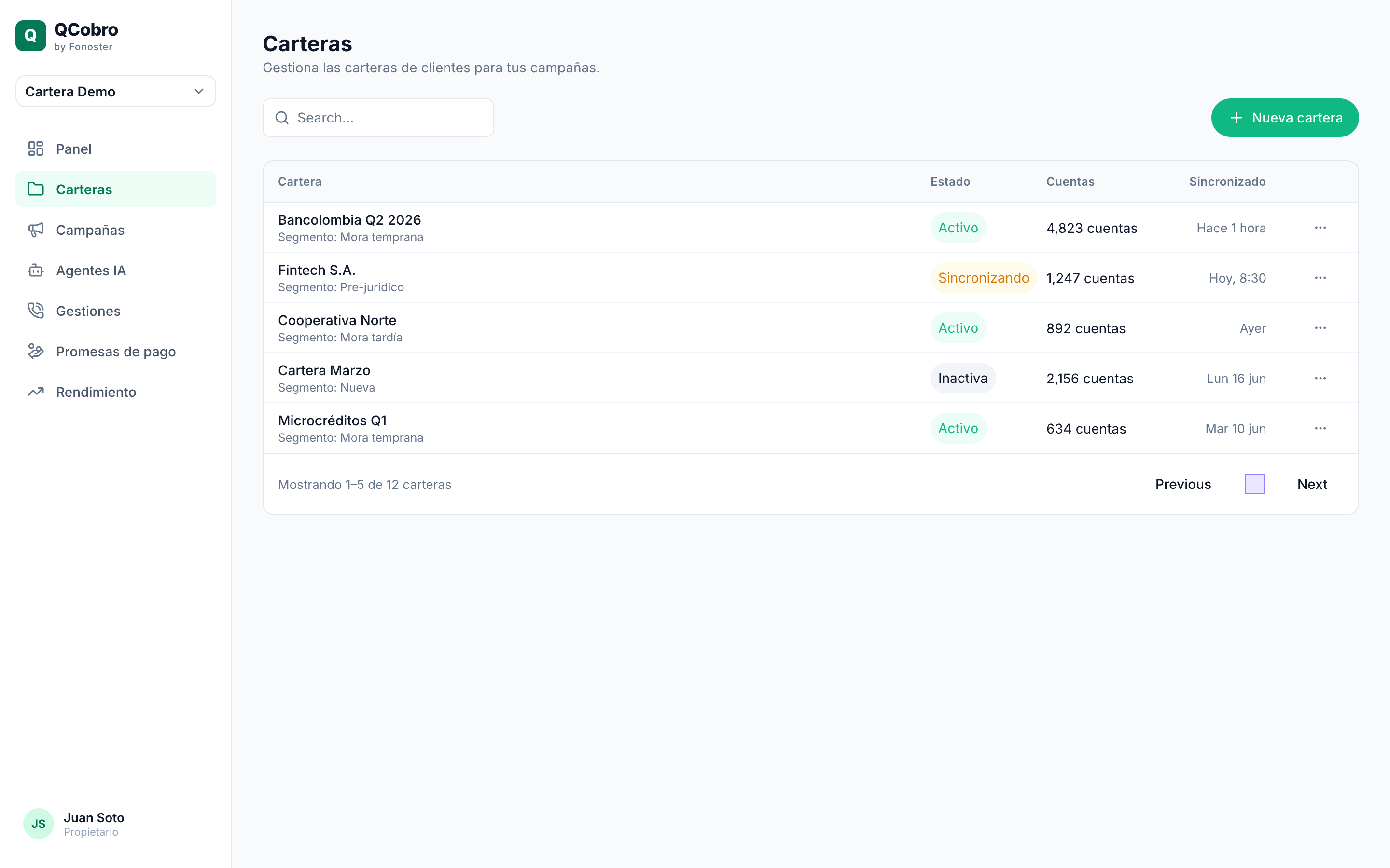 Pantalla de Carteras: lista con columnas Nombre, Cliente, Cuentas, Saldo pendiente y Recuperado, y el botón Nueva cartera.