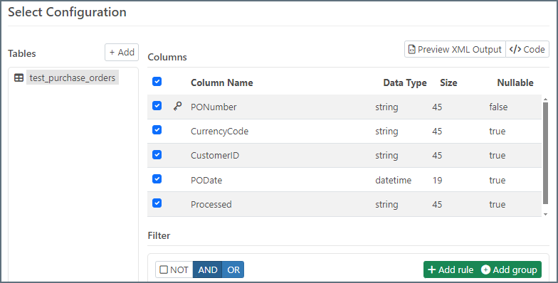 MySQL Select configuration with test_purchase_orders table