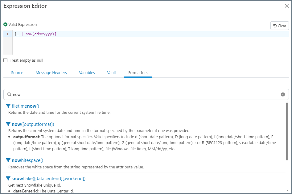 Node Value Editor showing the now() date formatter