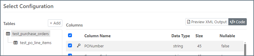 MySQL connector code view showing XML output structure