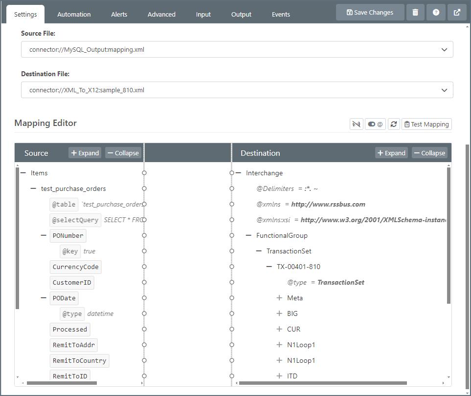XML Map connector visual designer with MySQL and X12 structures