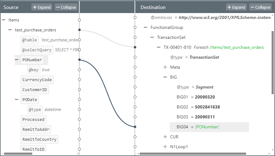 在 XML Map 端口中将 PONumber 映射到 BIG04