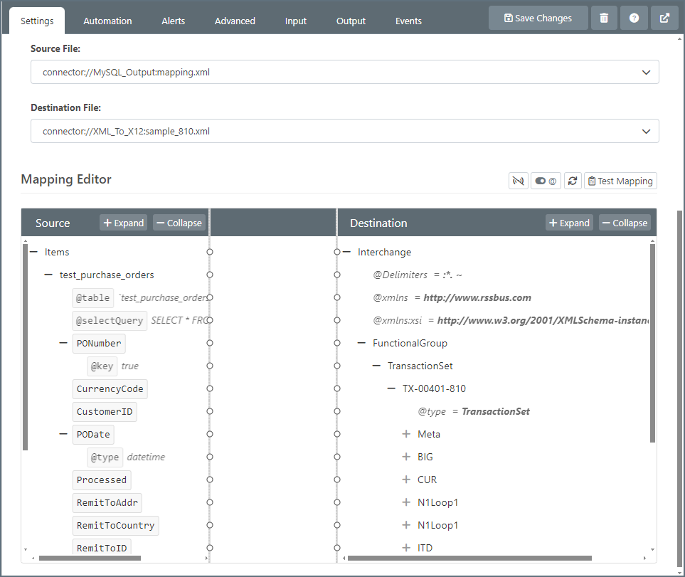 XML Map connector visual designer with MySQL and X12 structures