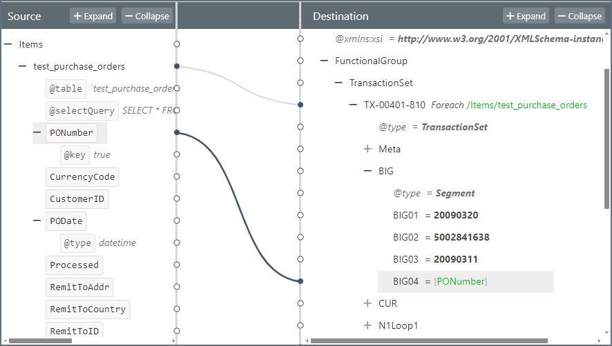 在 XML Map 端口中将 PONumber 映射到 BIG04