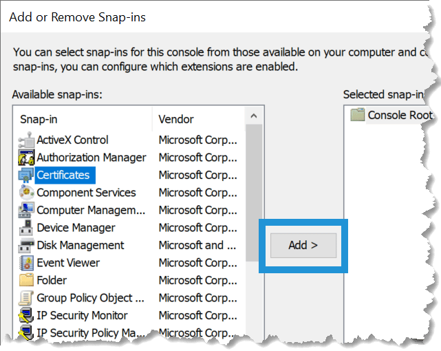 Add snap-in dialog in MMC