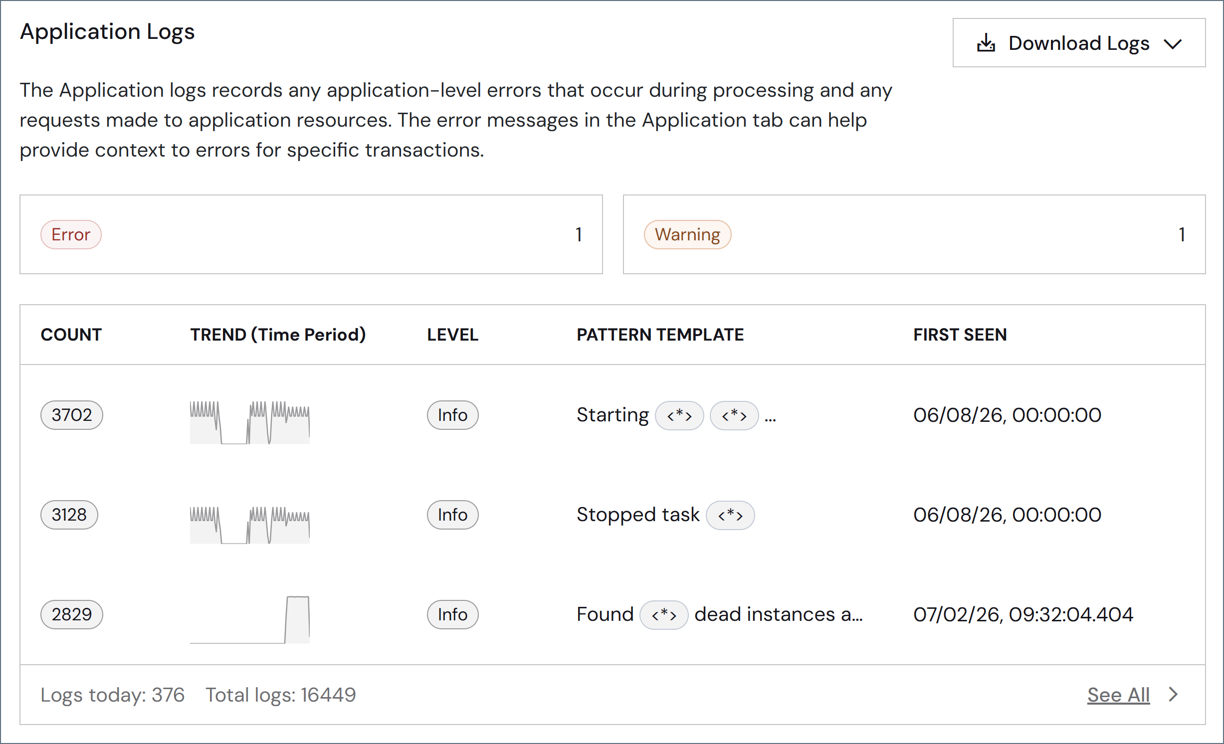 显示模式的应用程序日志