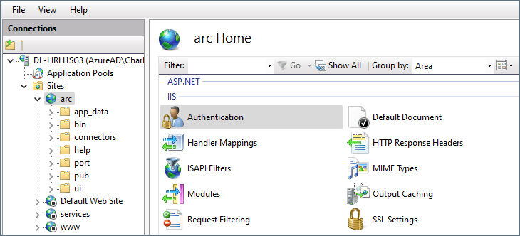 IIS authentication settings page