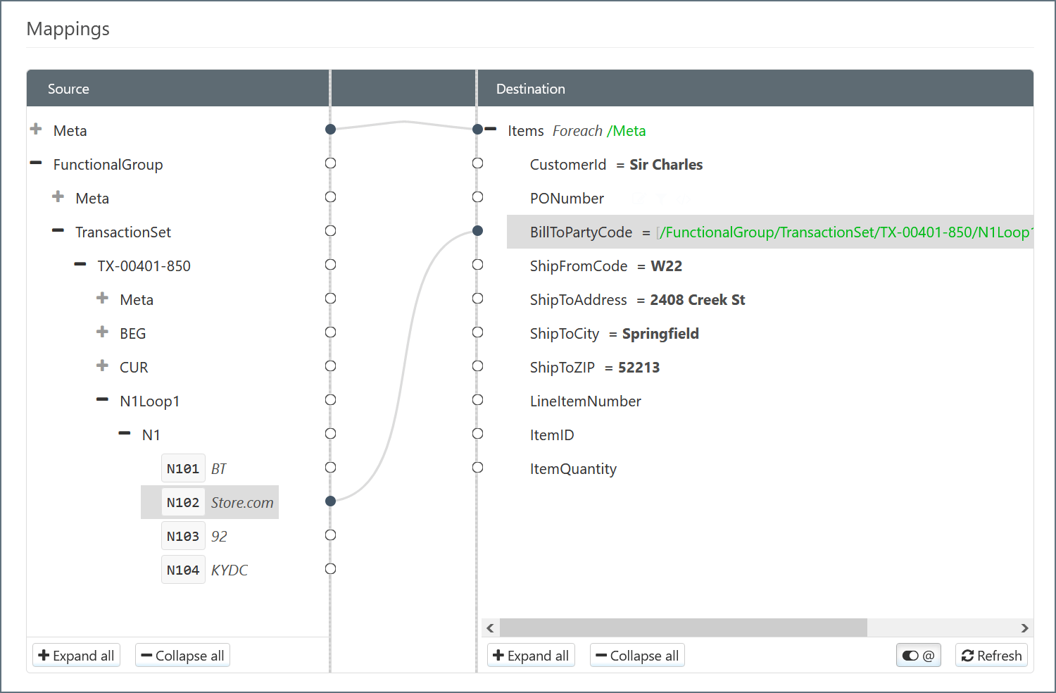 Dragging source element onto BillToPartyCode destination