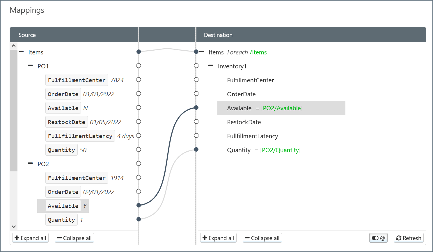Simple leaf node mapping for PONumber