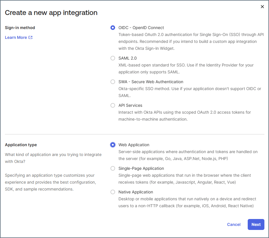 Create new app integration dialog in Okta