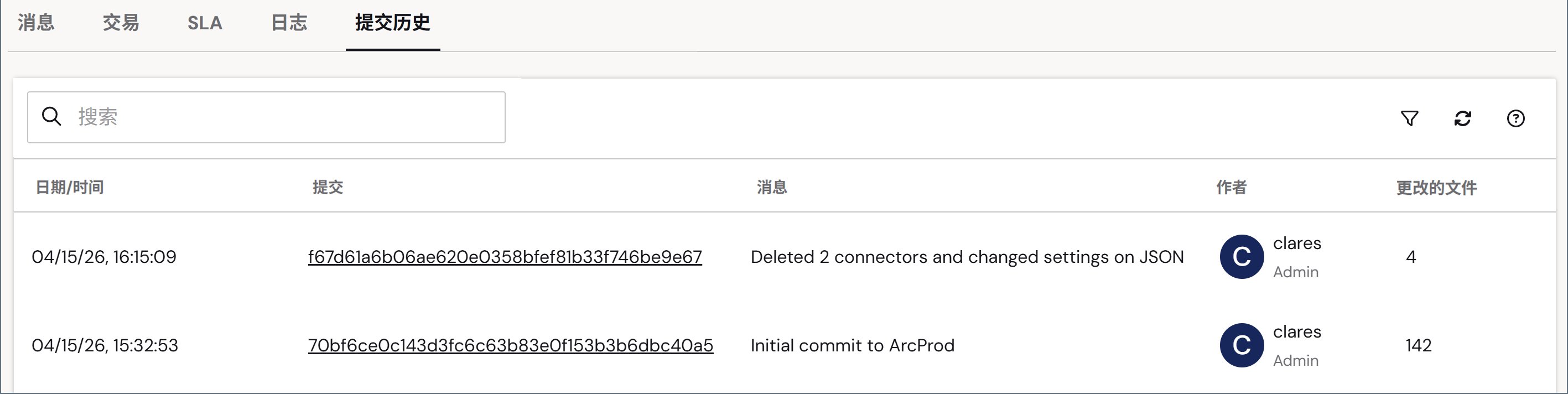 Commit history tab on the Activity page